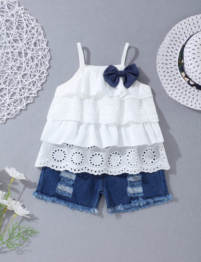 Hipea Toddler Baby Girls Clothes Ruffle Cami Polka Dot Tank Tops Casual Shorts 2-Piece Kids Short Set (Cami laces, 2-3T) - Image 2